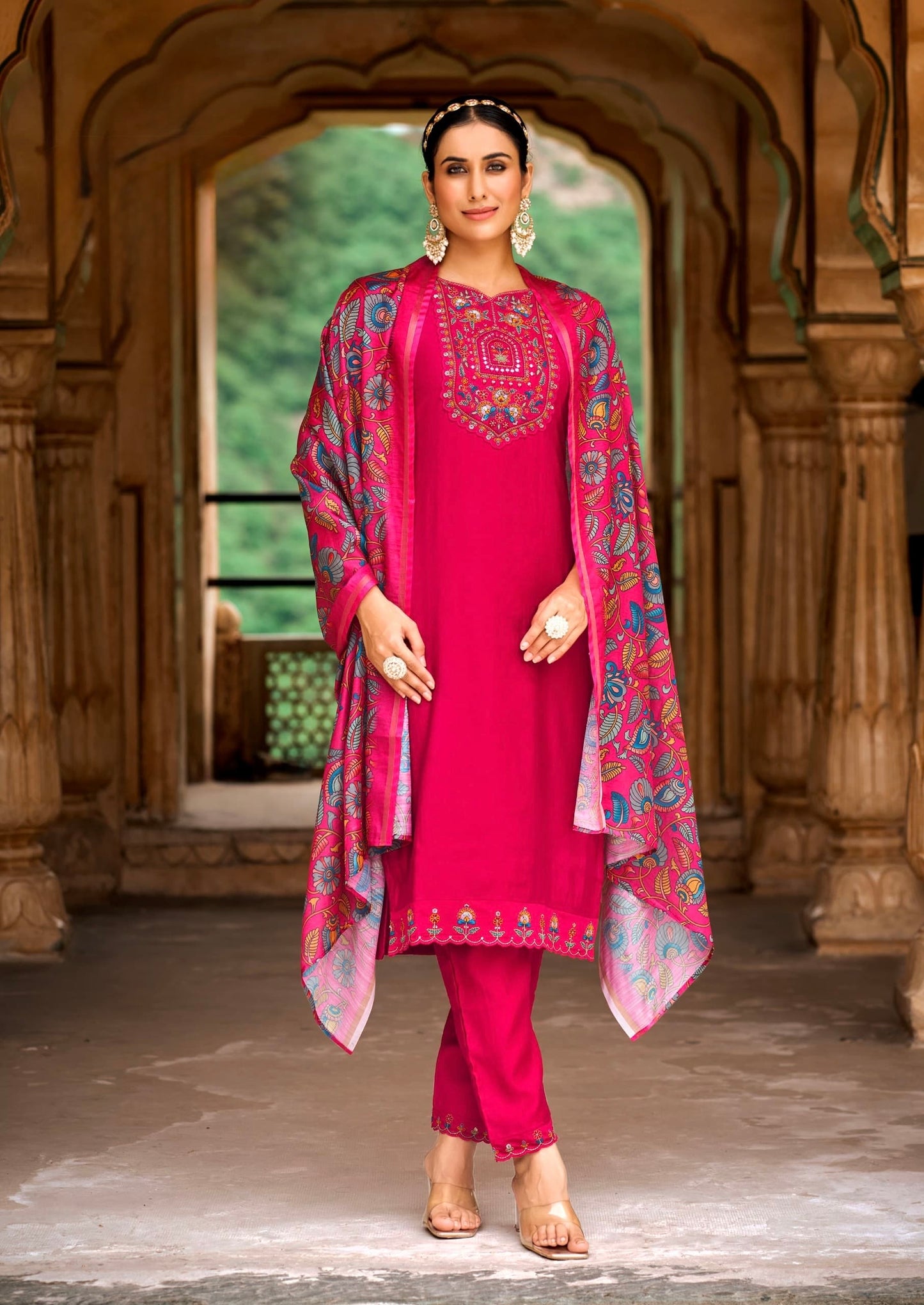 Viscose Embroidered Kurta Pant Dupatta Set with Khatli Mirror Work and Digital Print Dupatta – L to 3XL