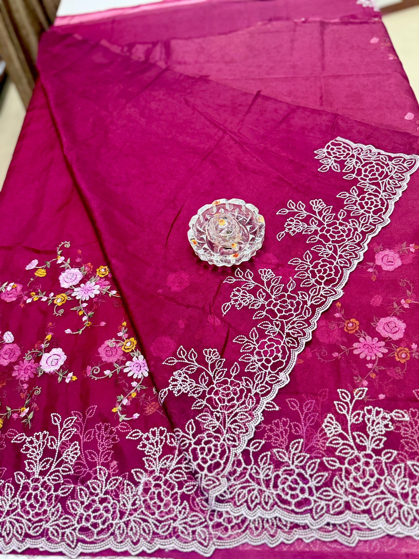 Kora Banarasi Saree with Floral Embroidery and Woven Border – Lightweight Festive Wear
