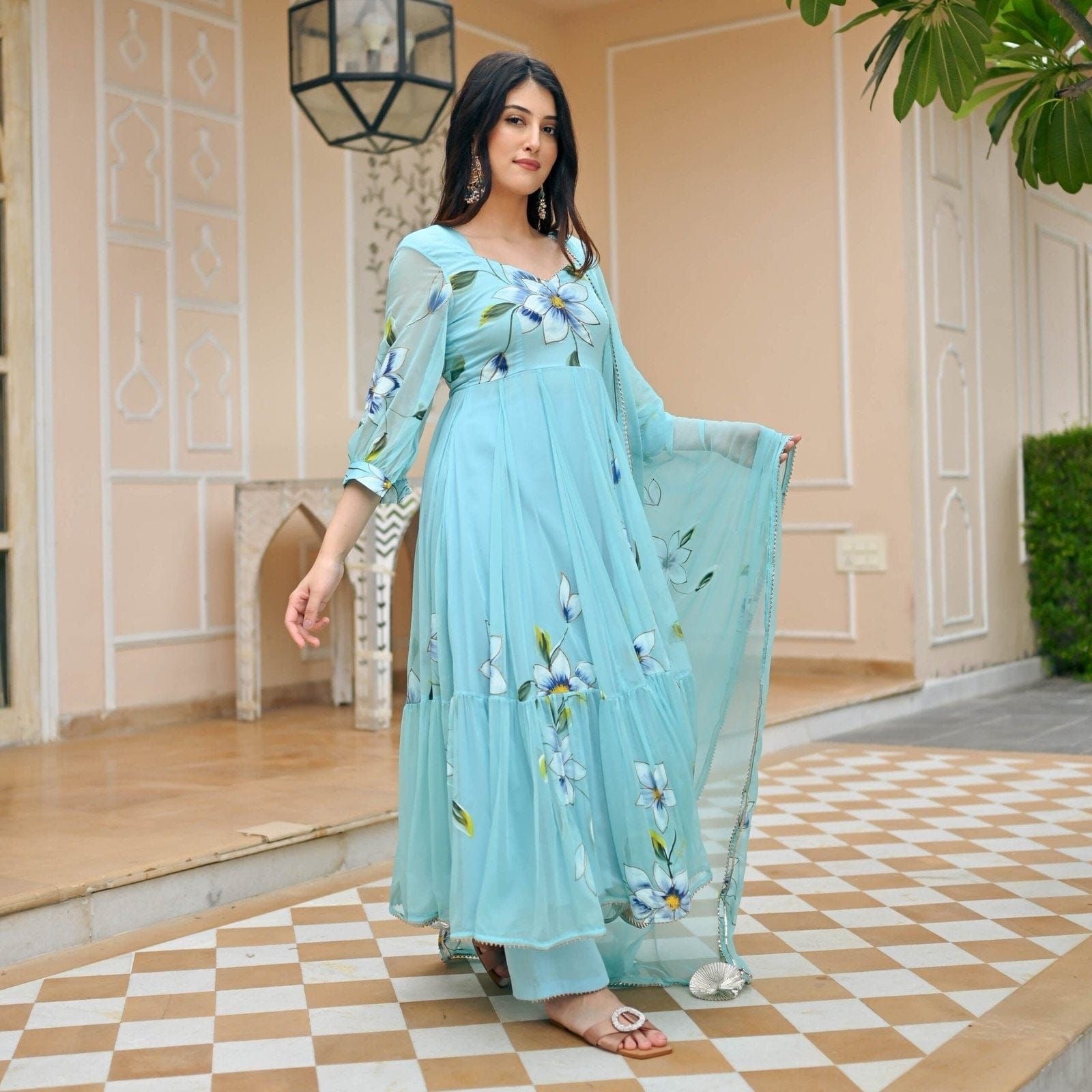 Tabby Organza Gown with Dupatta for Women Brush Paint Design, Full L Mani's Fashions Tabby Organza Gown with Dupatta for Women Brush Paint Design, Full L Mani's Fashions