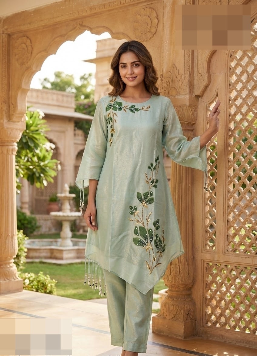 Brush painted shimmer tissue kurta pant set for women, asymmetric kurta with detailing work, sizes 38 to 44