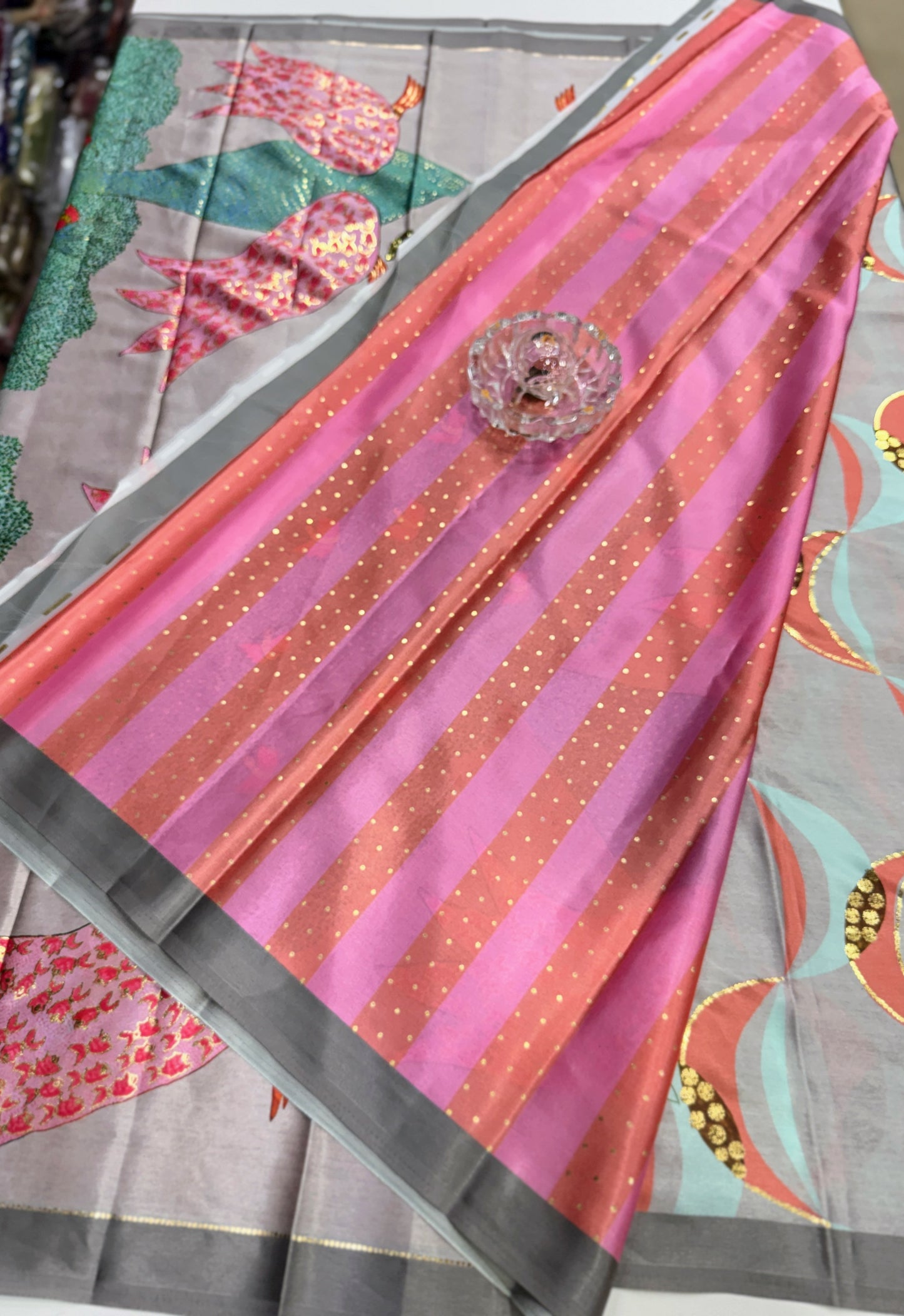 Japan satin saree for women with position print pallu and blouse, soft satin printed saree for festive and casual wear