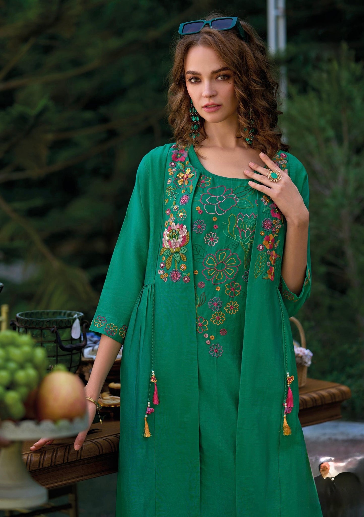 Viscose Organza 3-Piece Suit Set with Hand Embroidery and Silk Pants for Women