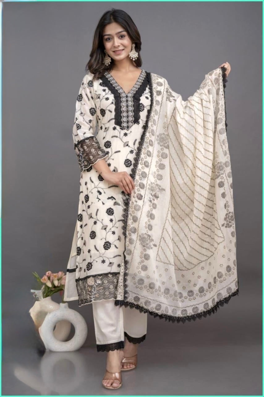 Mul Cotton Embroidered Suit Set for Women with Thread and Sequence Work – Dupatta Included
