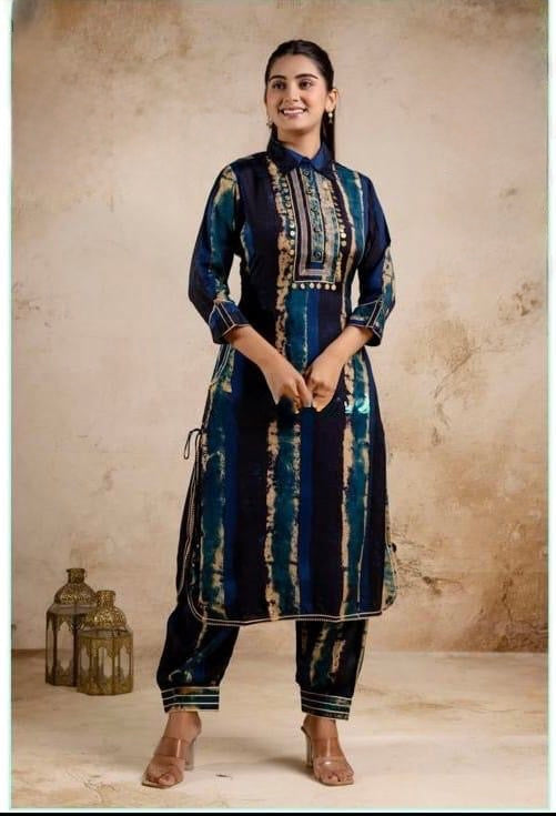Pure Muslin Kurti Afghani Pant Set for Women with U-Cut Collar and Gota Lace Detailing