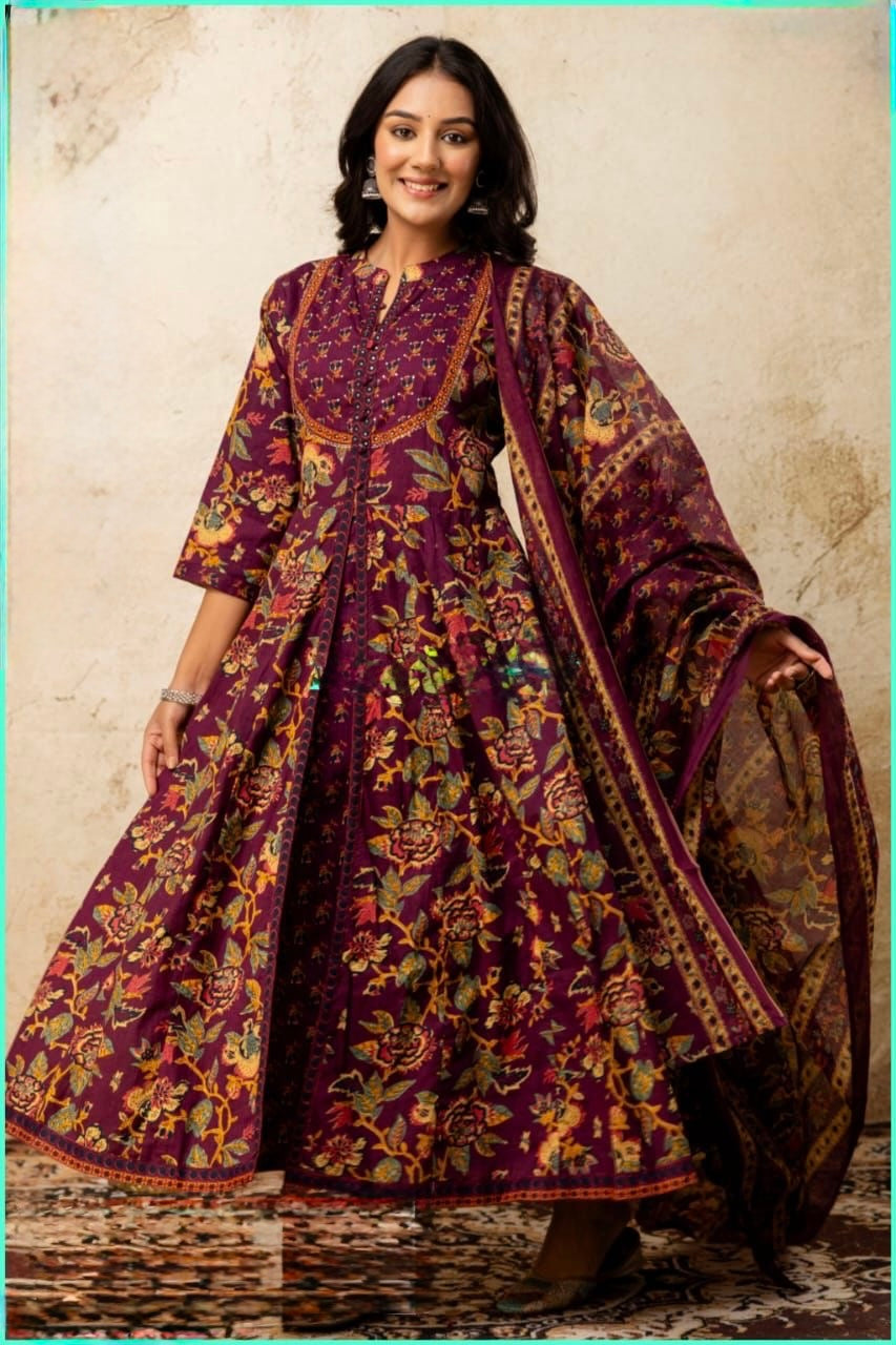 Indo-Western Cotton Outfit with Floral Print and Embroidered Yoke – Women’s Festive Wear