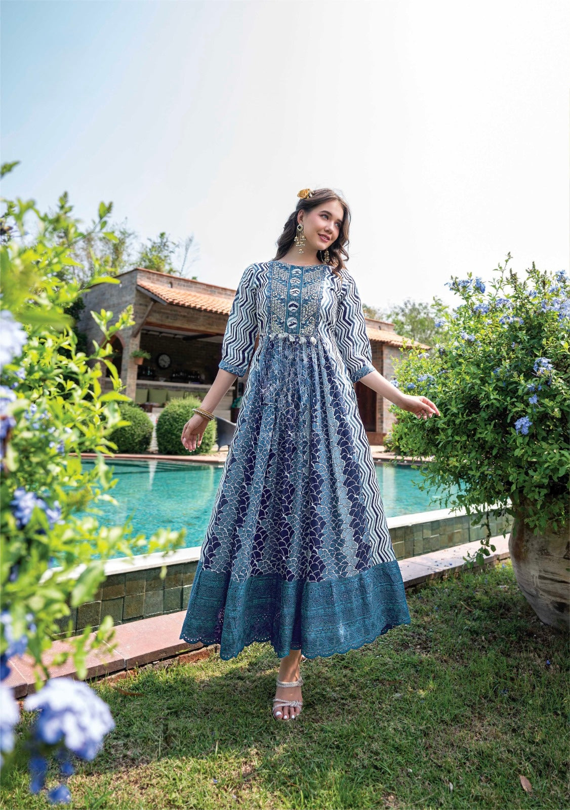 Women’s Malai Cotton Designer Gown with Digital Print and Tassel Detailing – Sizes L to 3XL