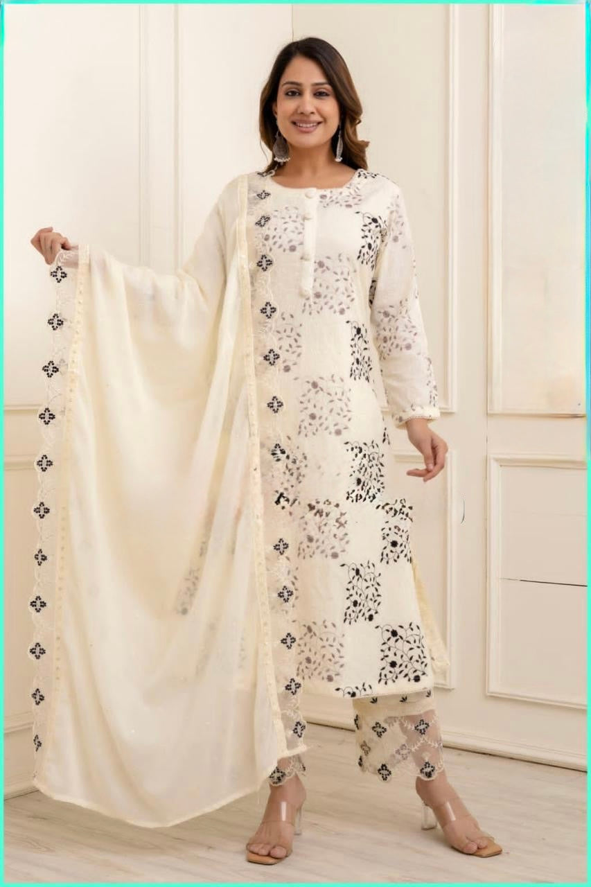 Designer Schiffli Cotton A-Line Suit Set with Embroidered Dupatta – Sizes 38 to 50