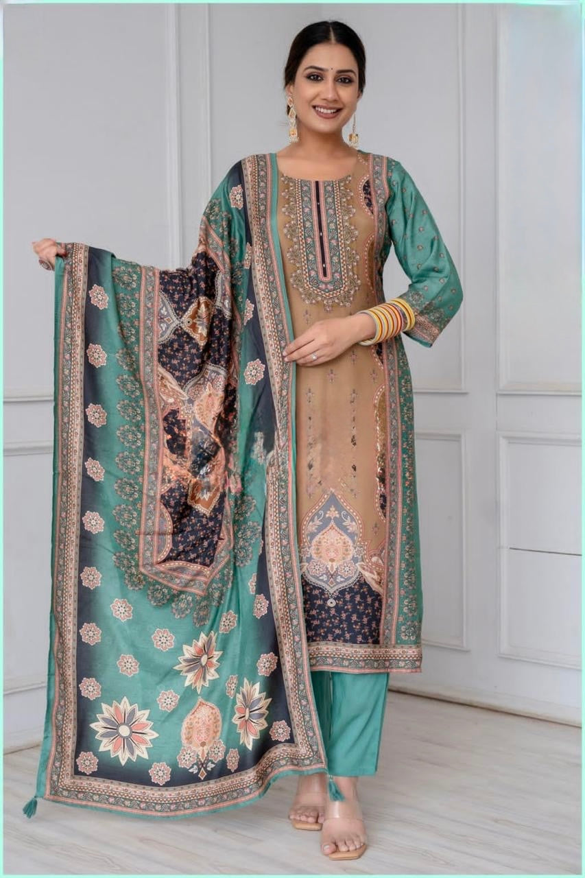 Pure Muslin Digital Print Suit Set with Kadana Bead and Sequence Work – Women’s Ethnic Wear