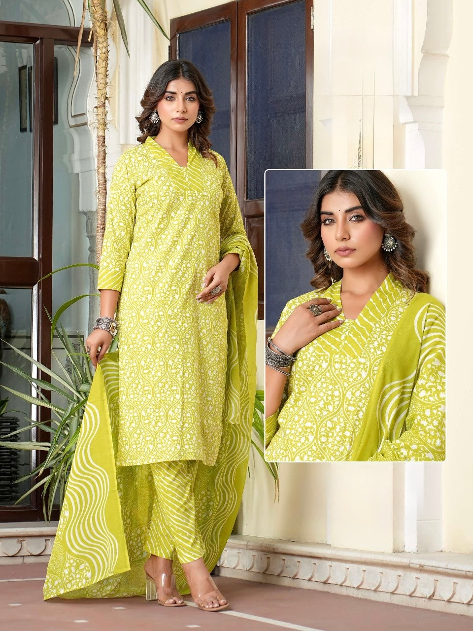 Cotton Print Kurta Pant Dupatta Set for Women with Mul Dupatta – Plus Size Options 2XL to 5XL