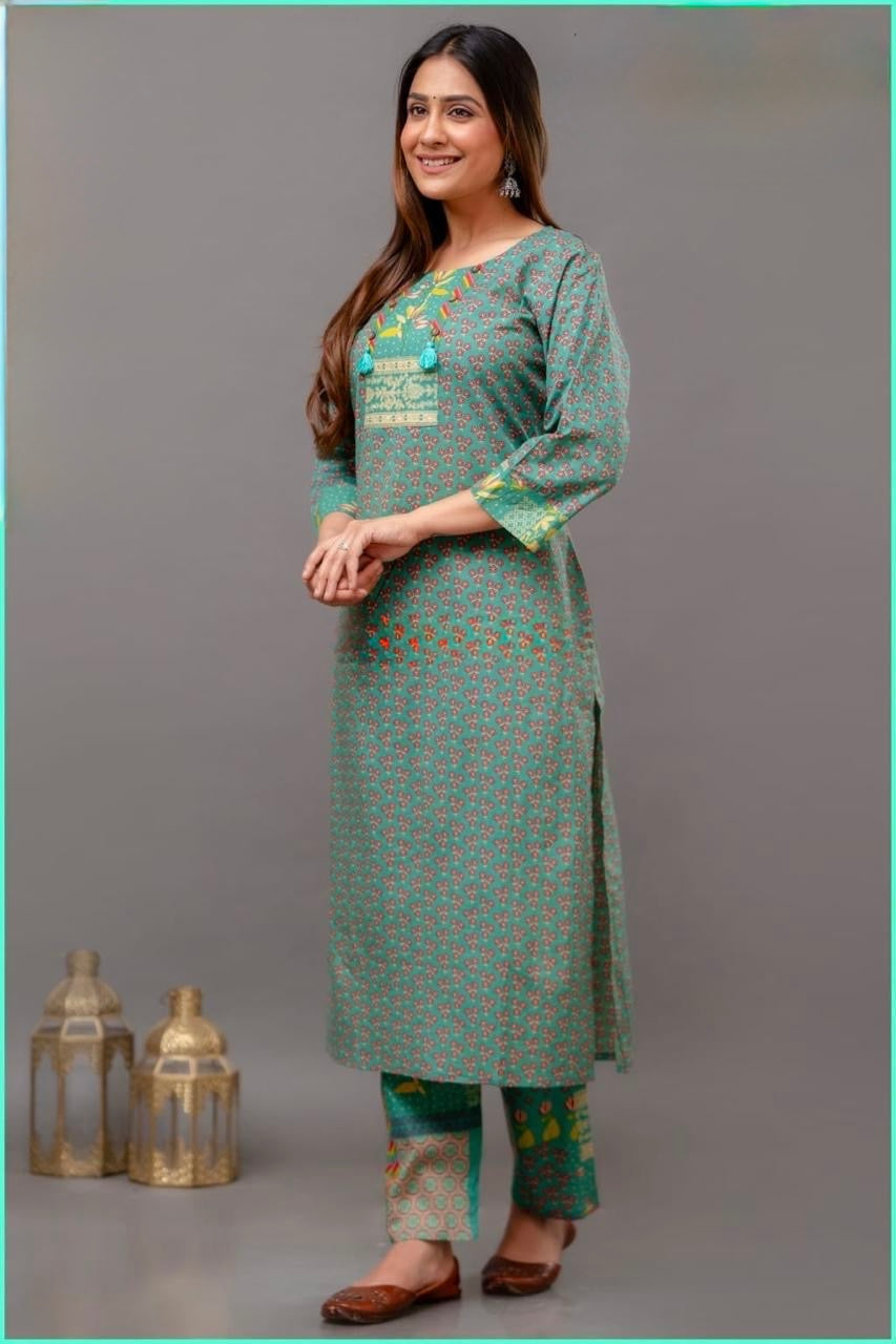 Designer Cotton Pant Set for Women with Sequin Work Shirt and Straight Pants – Sizes 40 to 46