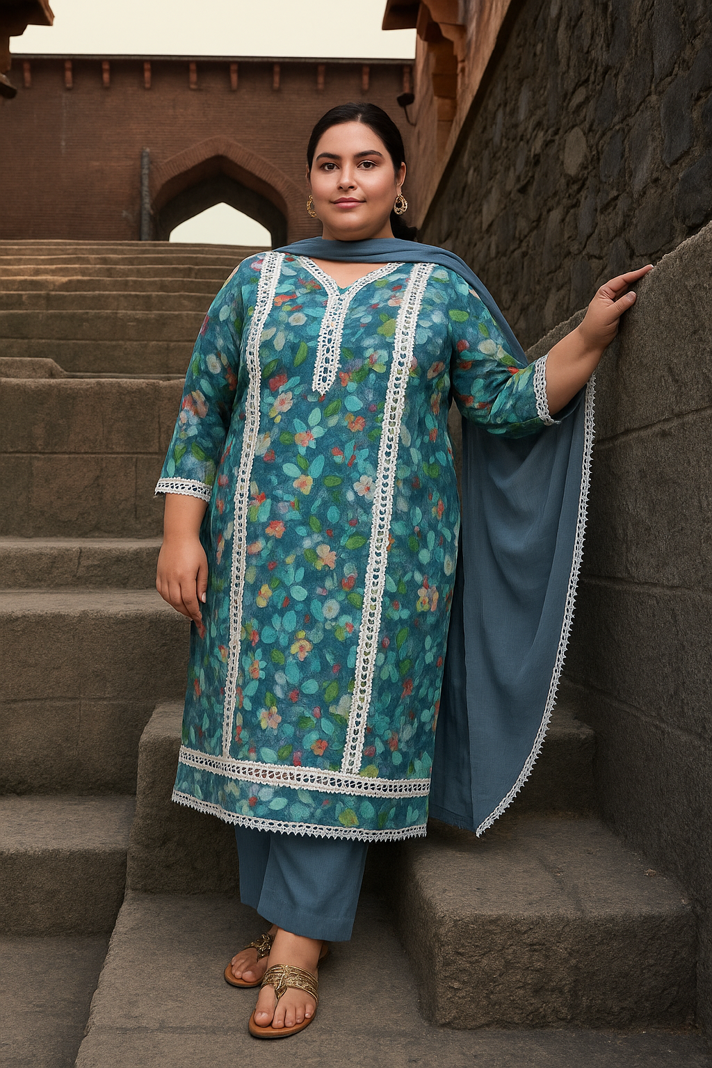 Linen Cotton Kurti Pant Set with Nazmin Dupatta and Lace Work – Plus Sizes Available