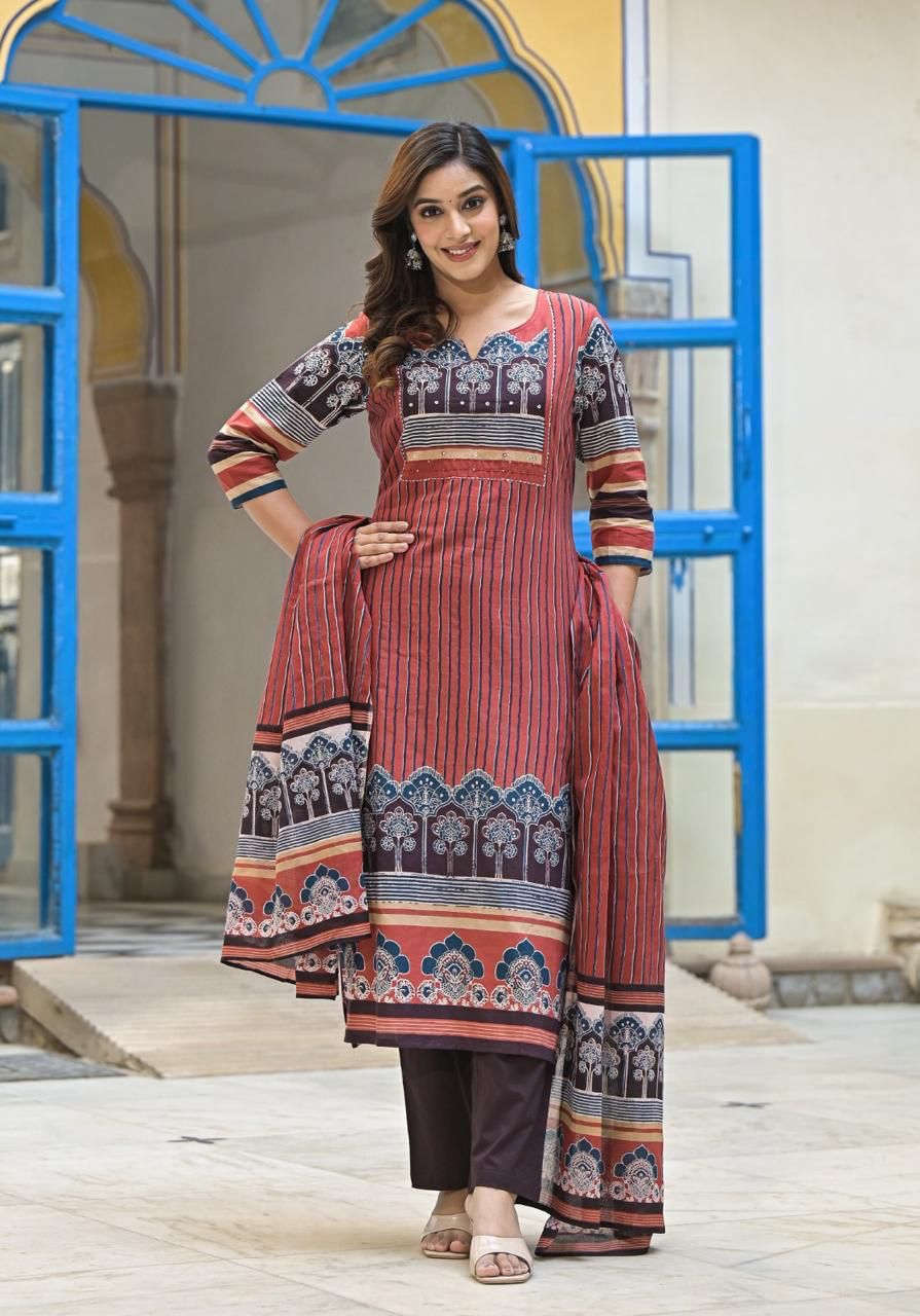 Cotton Kurta Pant Dupatta Set with Detailing Work – M to XXL