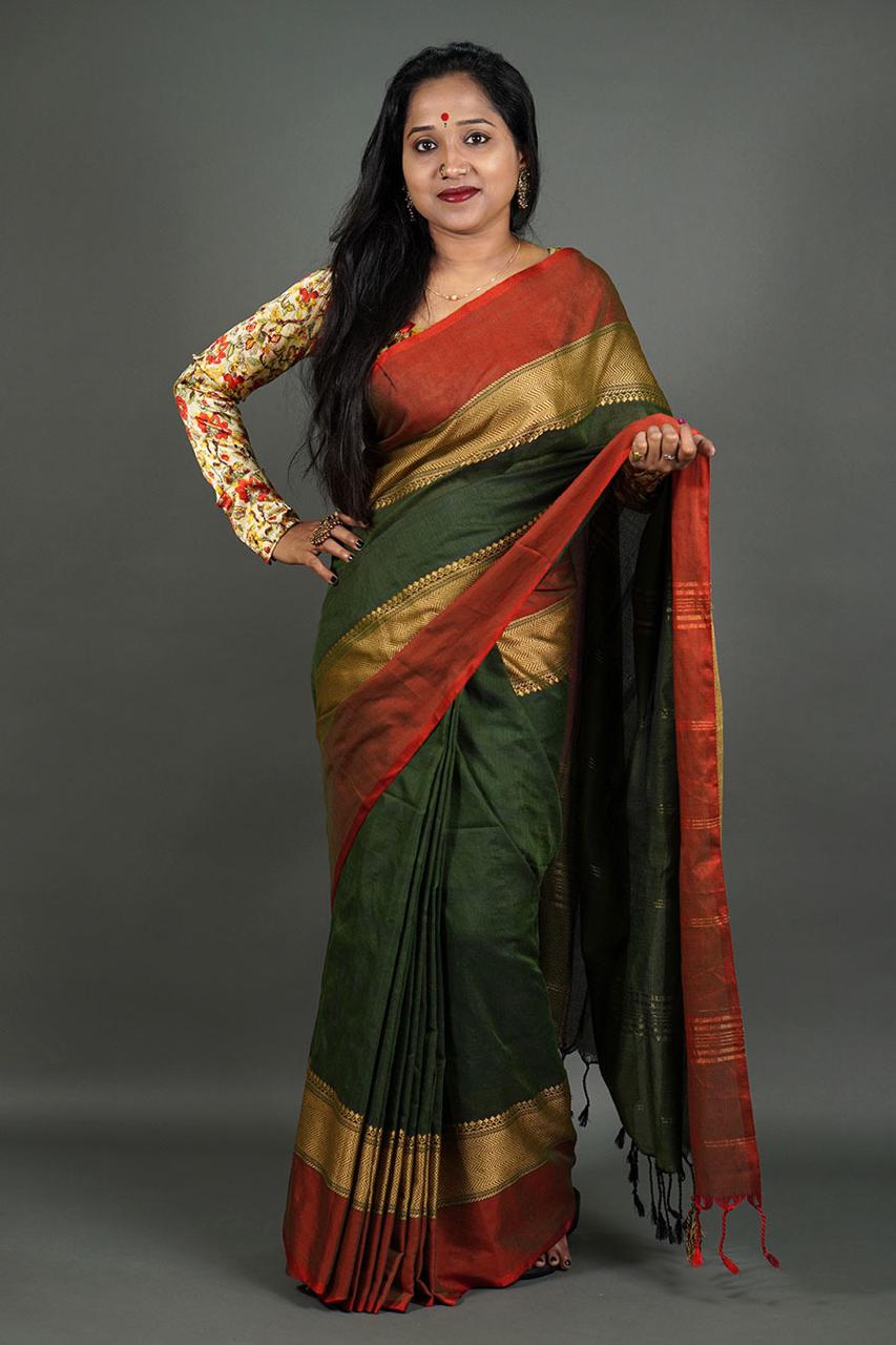 Pure Cotton Handloom Saree for Women with Woven Border and Blouse Piece – Traditional Daily Wear