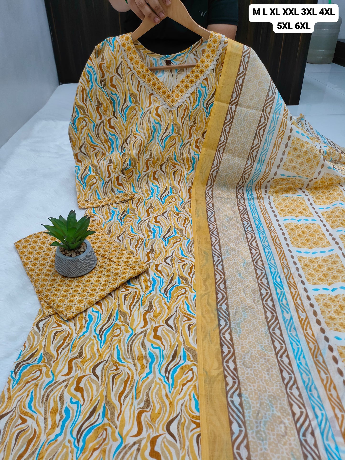 Plus Size Cotton Kurti Pant Dupatta Set with Mal Mal Dupatta – 3XL to 6XL