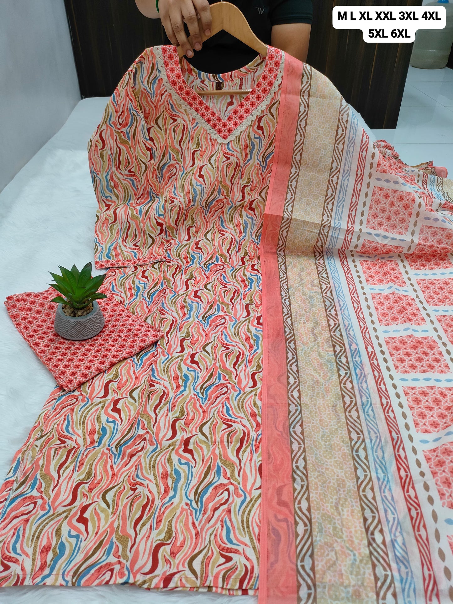 Plus Size Cotton Kurti Pant Dupatta Set with Mal Mal Dupatta – 3XL to 6XL