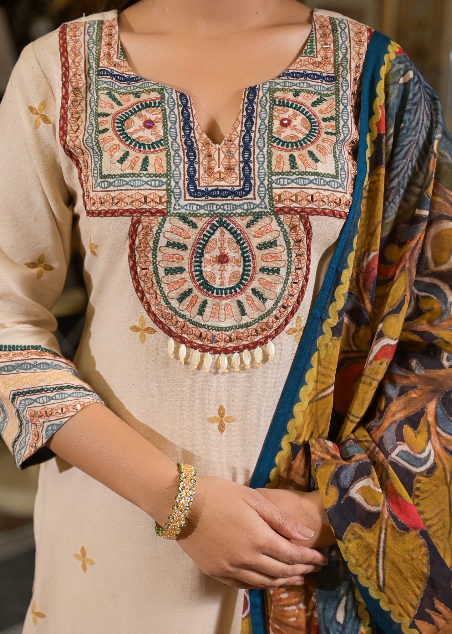 Cotton Cambric Kurta Pant Dupatta Set with Machine Embroidery Mirror Work and Digital Print Dupatta for Women