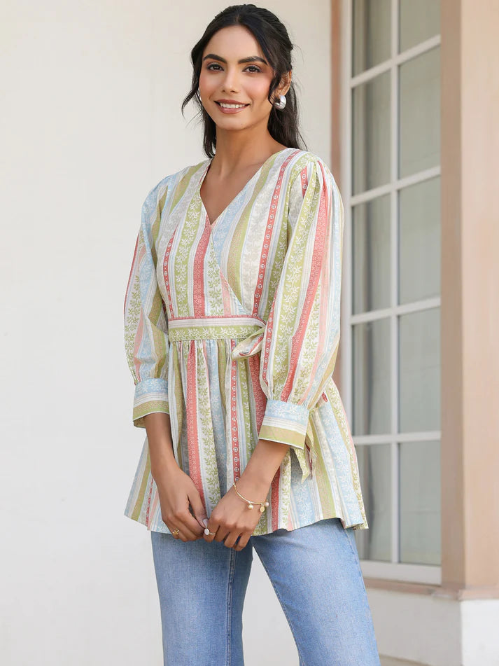 Off White Pure Cotton Floral Stripe Printed Peplum Top with Belt – Women’s Casual Wear