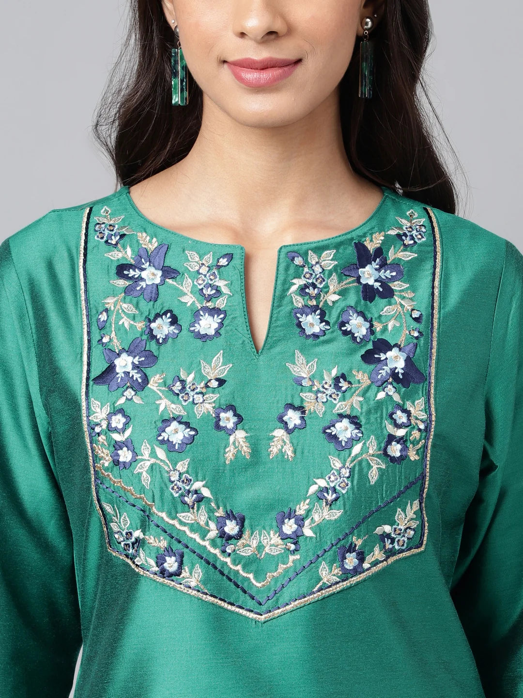 Peacock Green Poly Silk Straight Kurta for Women with Embroidered Yoke – M to 2XL