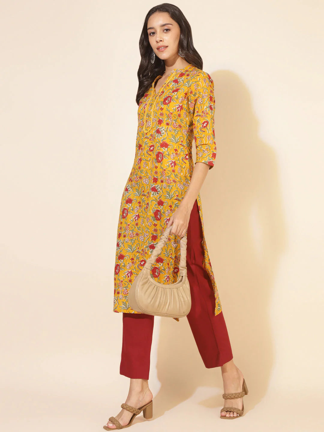 Mustard Cotton Floral Printed Straight Kurti for Women with Notch Neck – Size L