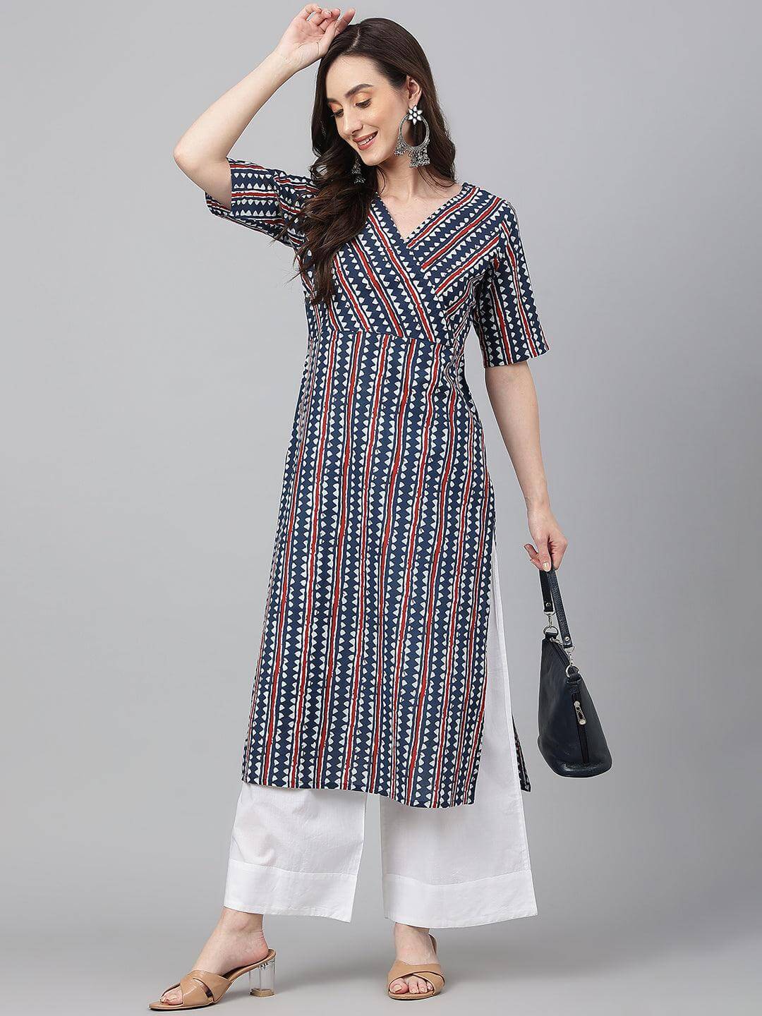 Navy Blue Cotton Geometric Printed Straight Kurta for Women – XL to 3XL