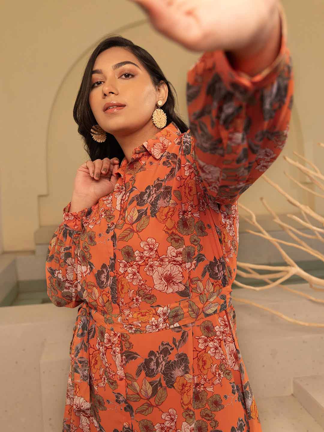 Plus Size Orange Georgette Floral A-Line Dress – 3XL to 6XL