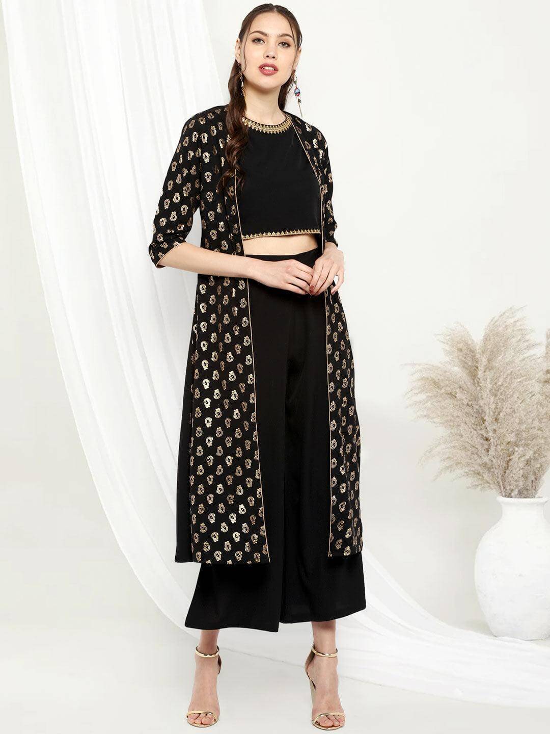Black poly crepe crop top palazzo and jacket set for women with gold print – festive three-piece co-ord outfit