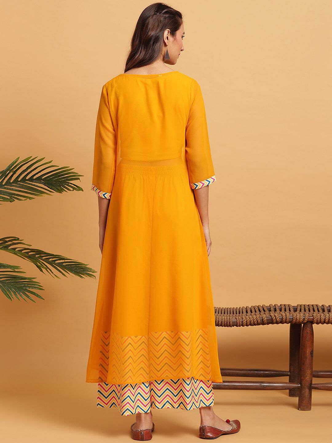 Chevron printed poly crepe crop top palazzo and georgette jacket set for women – festive three-piece outfit