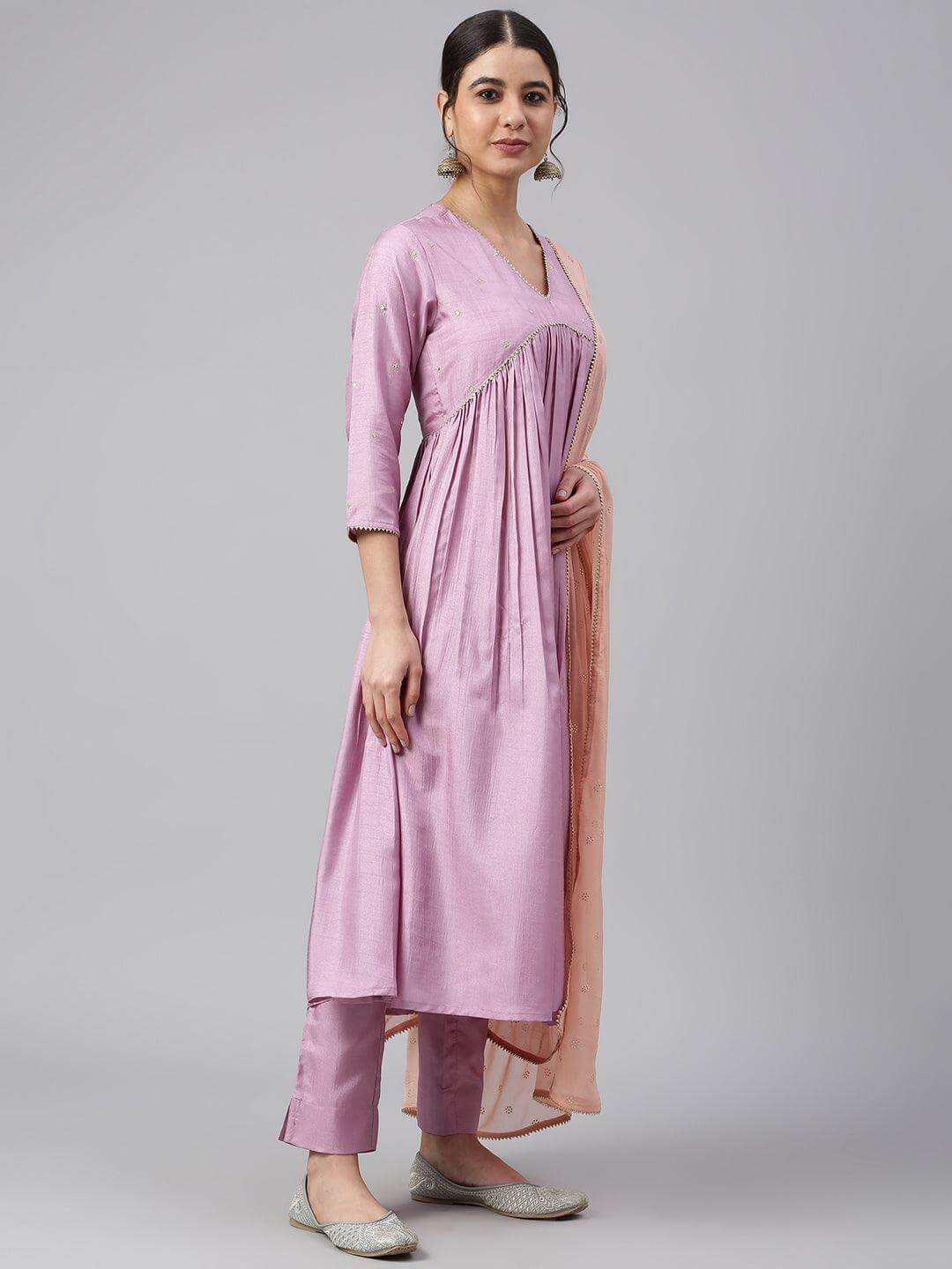 Mauve Poly Silk Flared Kurta Pant Dupatta Set with Embroidered Yoke and Lace Detailing for Women