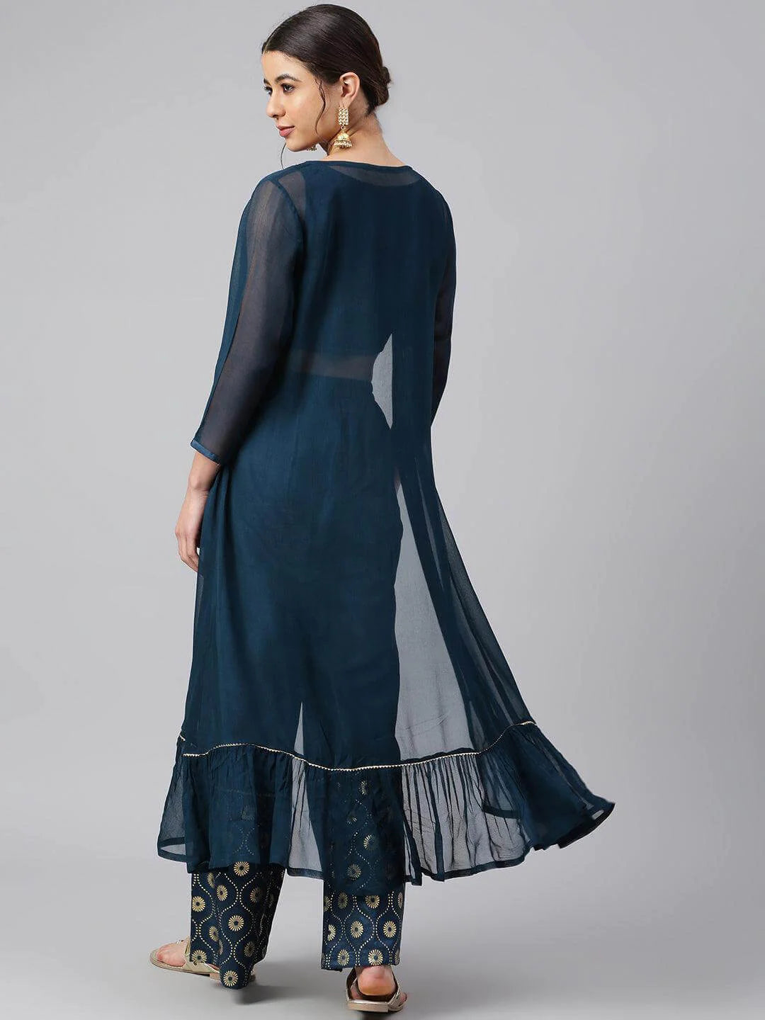 Teal poly silk crop top palazzo and georgette jacket co-ord set for women with foil print and lace work – festive wear