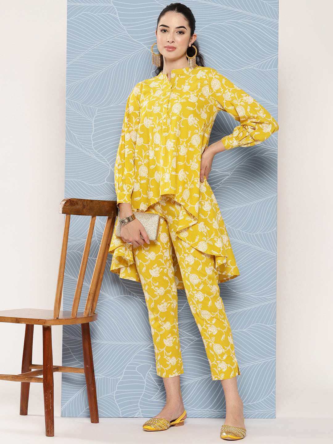 Mustard cotton floral printed co-ord set for women with asymmetrical kurti and straight pants – daily casual wear