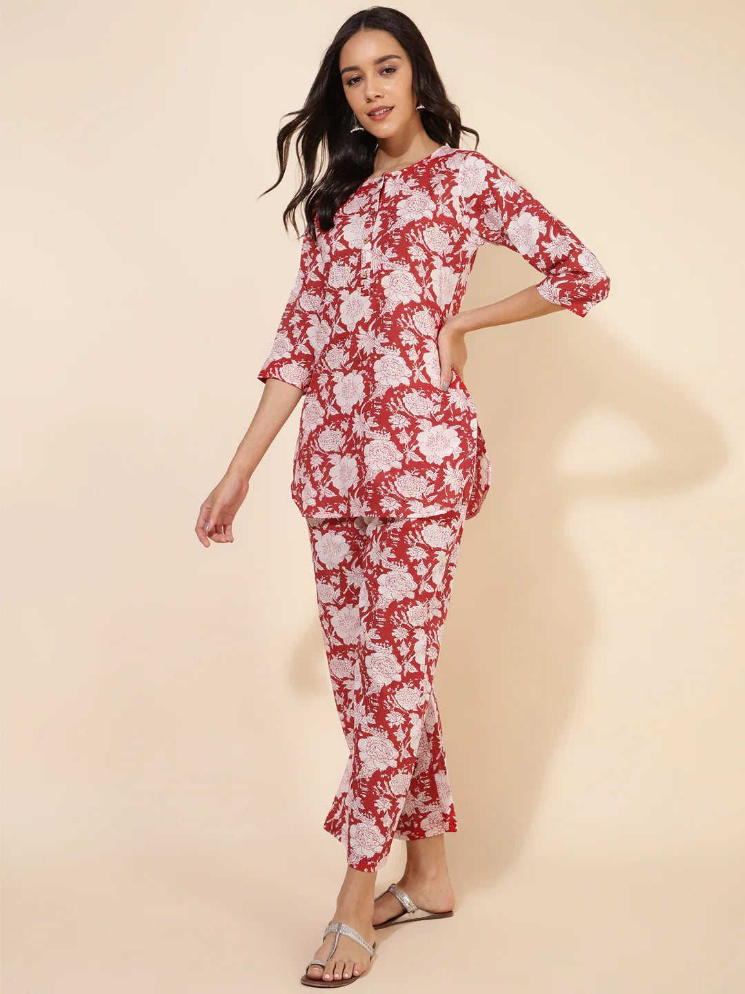 Red floral printed cotton co-ord set with top and pant for women – casual wear
