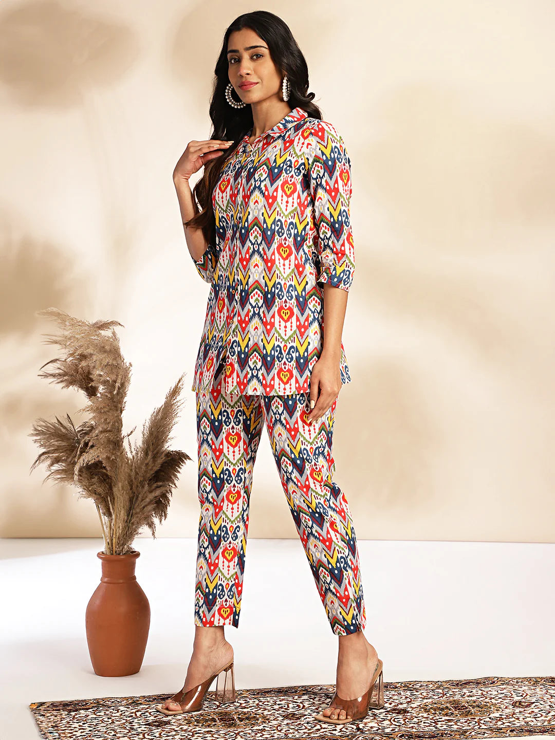 Multicolor cotton ikat printed co-ord set for women with shirt collar top and straight pants – casual summer wear