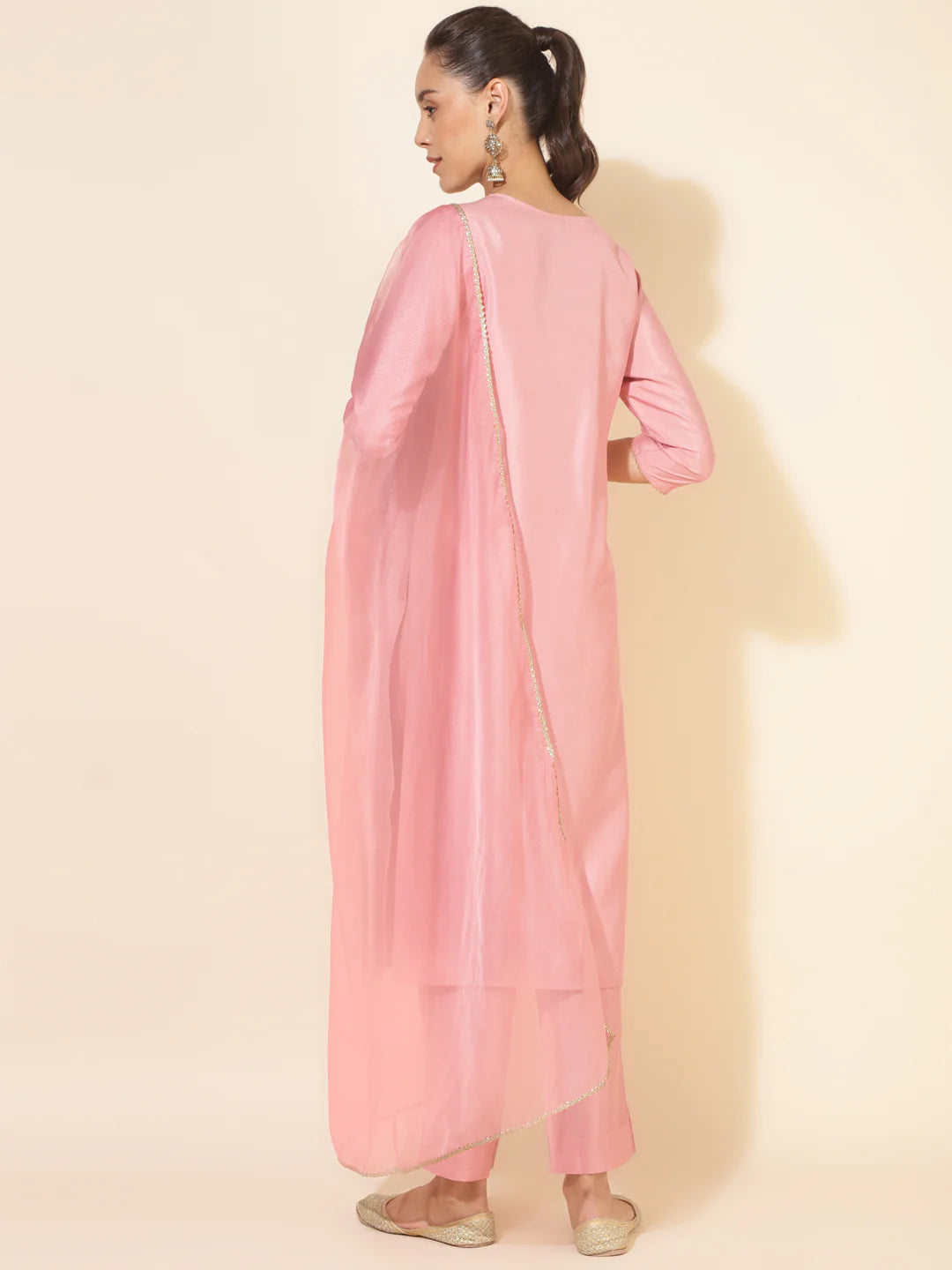 Pink Crepe Silk Flared Kurta Pant Dupatta Set with Zari, Thread, Gota Lace and Sequins Work for Women
