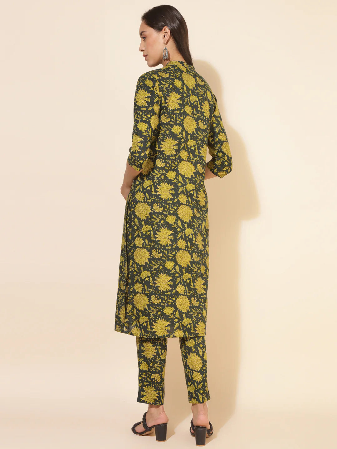 Dark green cotton floral printed kurta pant co-ord set for women – casual straight fit style