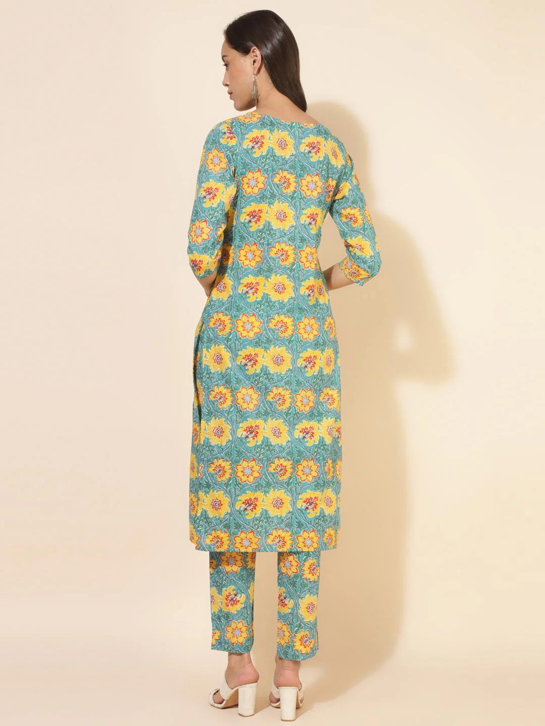 Sea green cotton floral printed kurta pant set for women – casual ethnic co-ord set