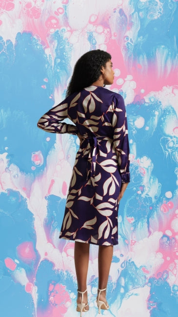 Abstract Print A-Line Dress for Women – Long Sleeve Midi Dress, Sizes S to XL