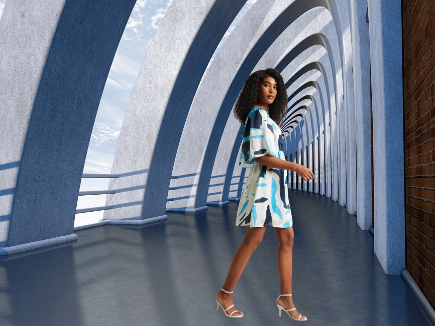 Satin Abstract Print Back Cut-Out Dress for Women – Short Sleeve Mini Dress, Sizes S to XL