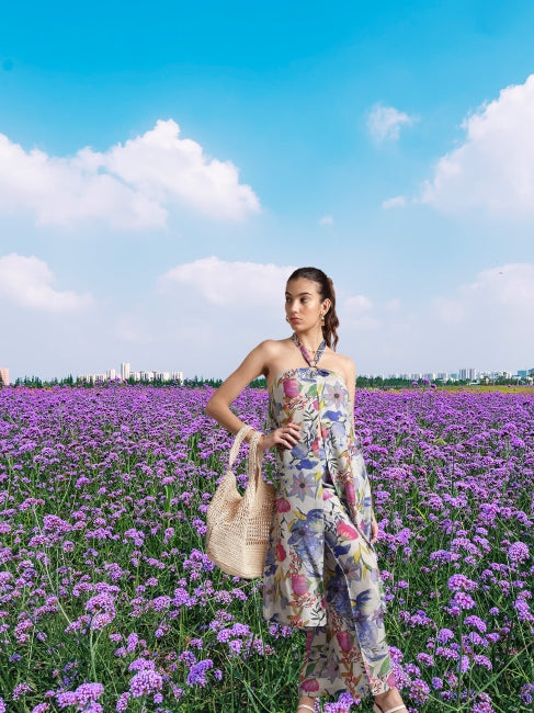 Floral printed viscose blend co-ord set for women with halter neck and back tie-up – resort wear style