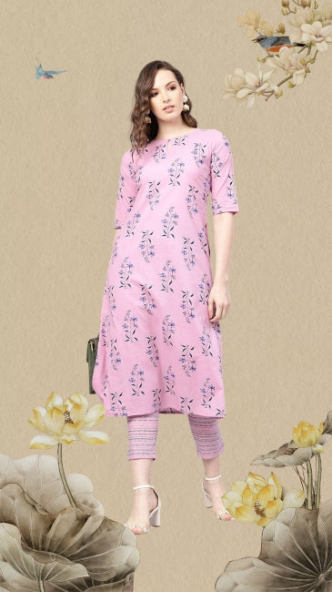 Pink Cotton Floral Printed Straight Kurta with Pant Set for Women