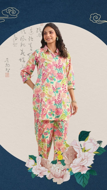 Floral printed cotton co-ord set for women with collared kurti and straight pants – daily summer wear