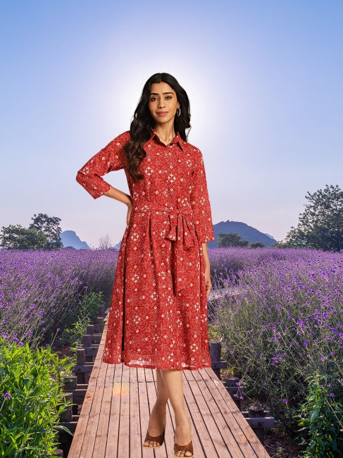 Women’s Georgette Printed Shirt Style Midi Dress with Waist Belt – Sizes M to 3XL