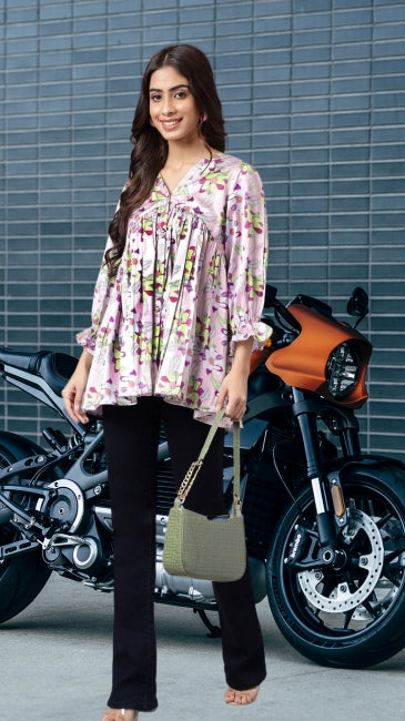 Women’s Lavender Satin Digital Floral Printed Flared Top – Sizes M to 2XL