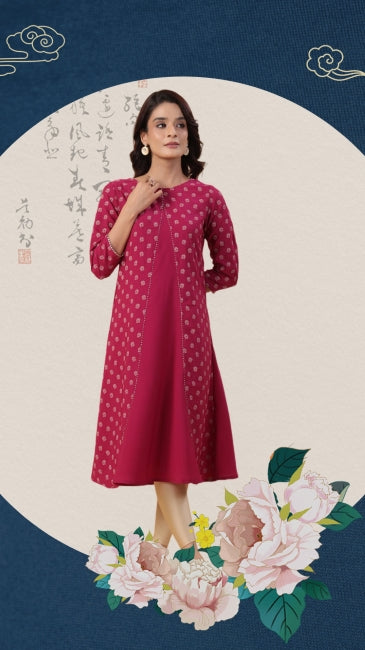 Wine Crepe Floral Printed A-Line Kurta for Women with 3/4th Sleeves – M to 2XL