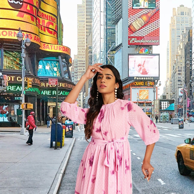 Women’s Pink Dobby Georgette Tie-Dye Fit & Flare Dress – Sizes M & L