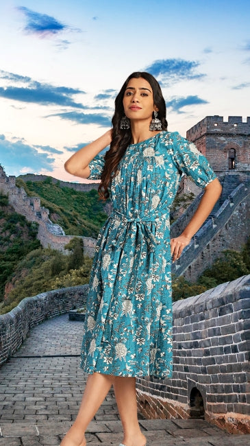 Women’s Teal Cotton Floral Empire Waist Dress – Sizes L to 2XL