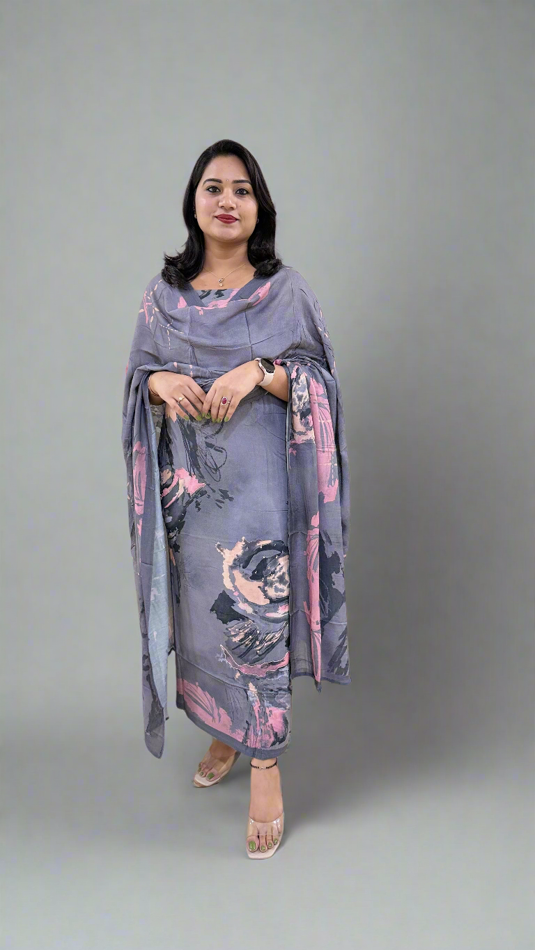 Women’s Staple Twill Suit Set with Digital Print and Handwork and Pashmina Style Dupatta – Ethnic Wear