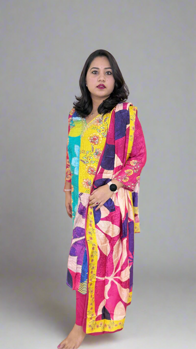 Pure Muslin Kurta Pant Dupatta Set with Handwork and Cotton Inner – Plus Sizes XL to 3XL