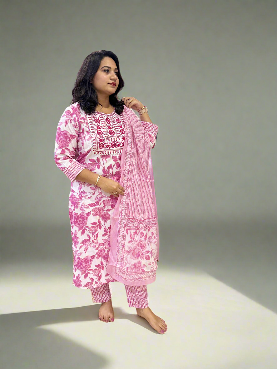 Pink Rayon Kurta Pant Dupatta Set with Floral Embroidery – Women’s Sizes S to 2XL