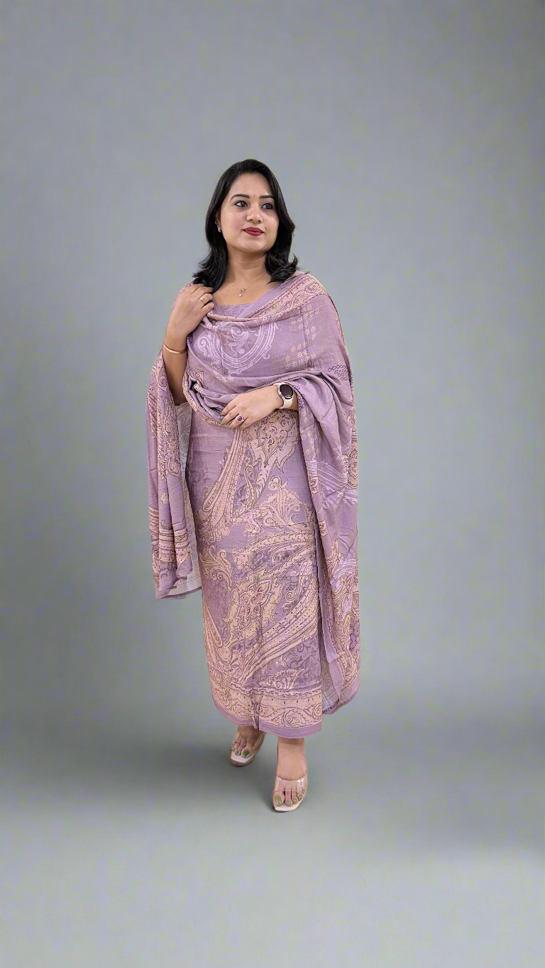 Women’s Staple Twill Suit Set with Digital Print and Handwork and Pashmina Style Dupatta – Ethnic Wear