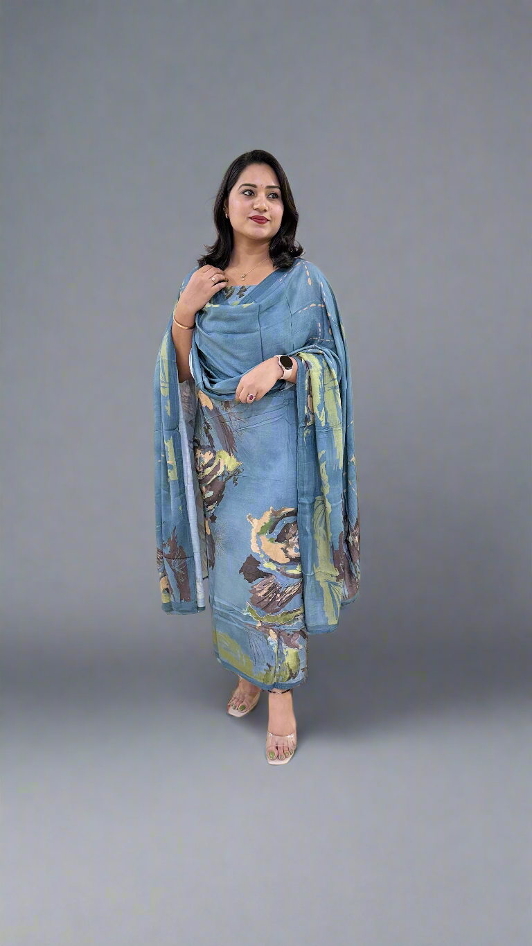 Women’s Staple Twill Suit Set with Digital Print and Handwork and Pashmina Style Dupatta – Ethnic Wear